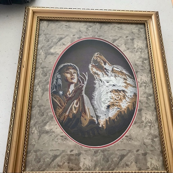 Native American Embroidered Framed Art Indian Woman And Wolf. Beautiful - Picture 5 of 11